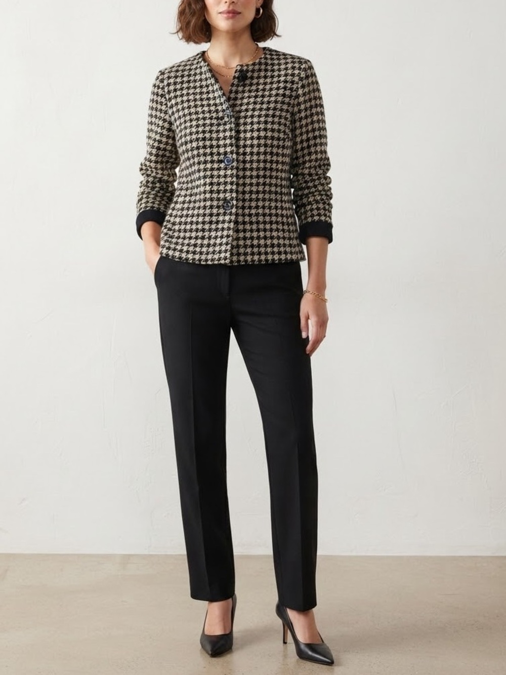 Talbots Houndstooth Button-Front Cape Jacket - Black & Cream